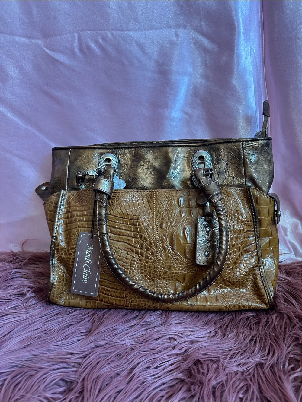 Croc-Embossed Brown Satchel Handbag
